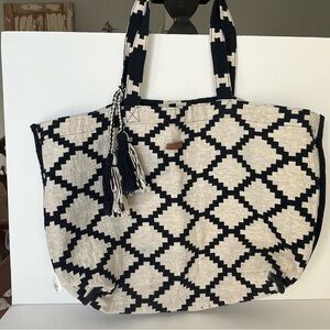 Madewell Amalfi Jacquard Blue Large Tote Cotton Tassel Reversible Travel Work